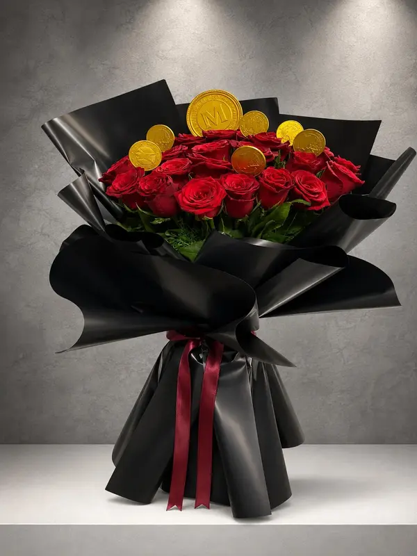 Gold Coin Kırmızı Gül Buketi | ARJ0074 Gold Coin Kırmızı Gül Buketi, siyah ambalajlı premium ithal kırmızı güller ve altın madeni para detaylı lüks buket | Point Flowers Buca Çiçekçi
