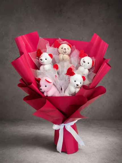 Kalpten Gelen Peluş Ayıcık Buketi beş ayıcıklı kırmızı pembe romantik hediye